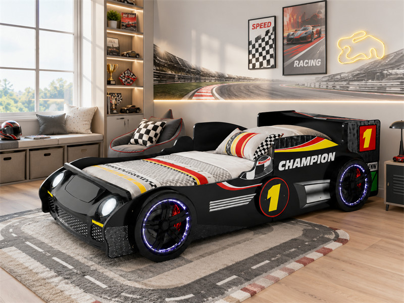 Twin Size Race Car-Shaped Wooden Platform Bed Frame w/Headboard Wheels for Kids