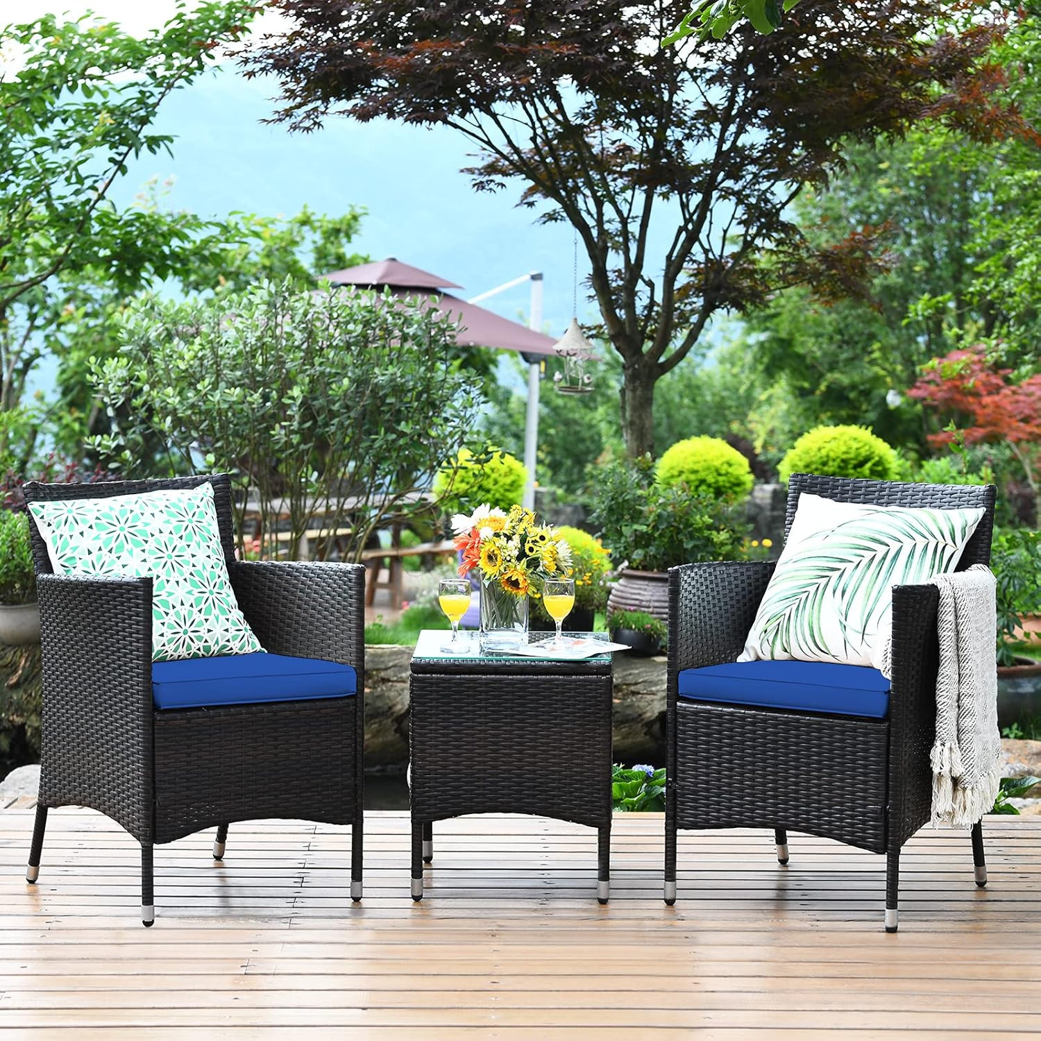 Navy 3-Piece Outdoor Wicker Conversation Set with Glass Table & Cushions