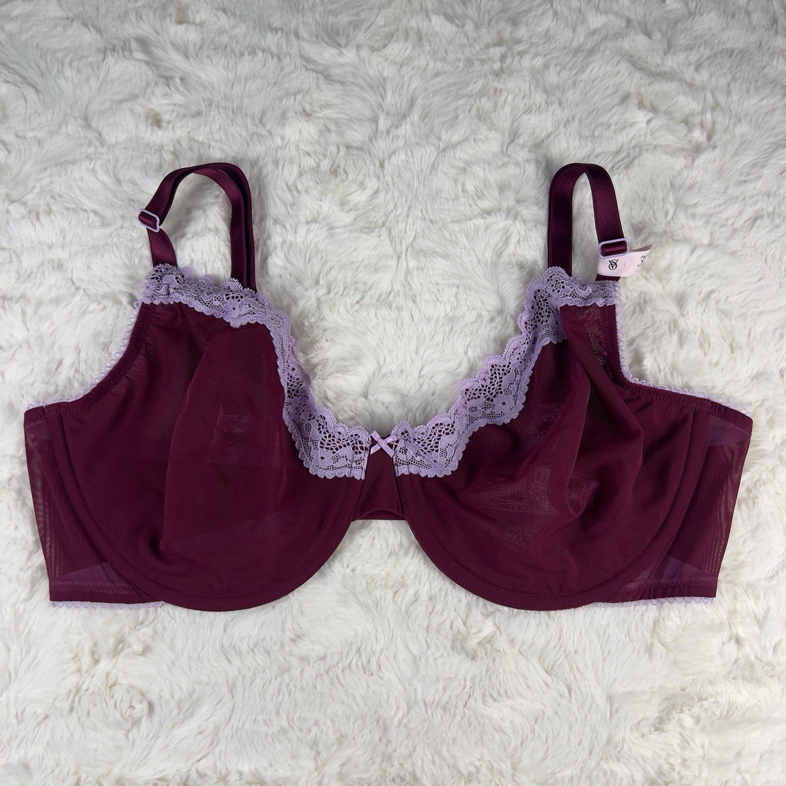 Victoria’s Secret Tease Unlined Demi Bra 38C Burgundy Mesh Purple Lace NWT
