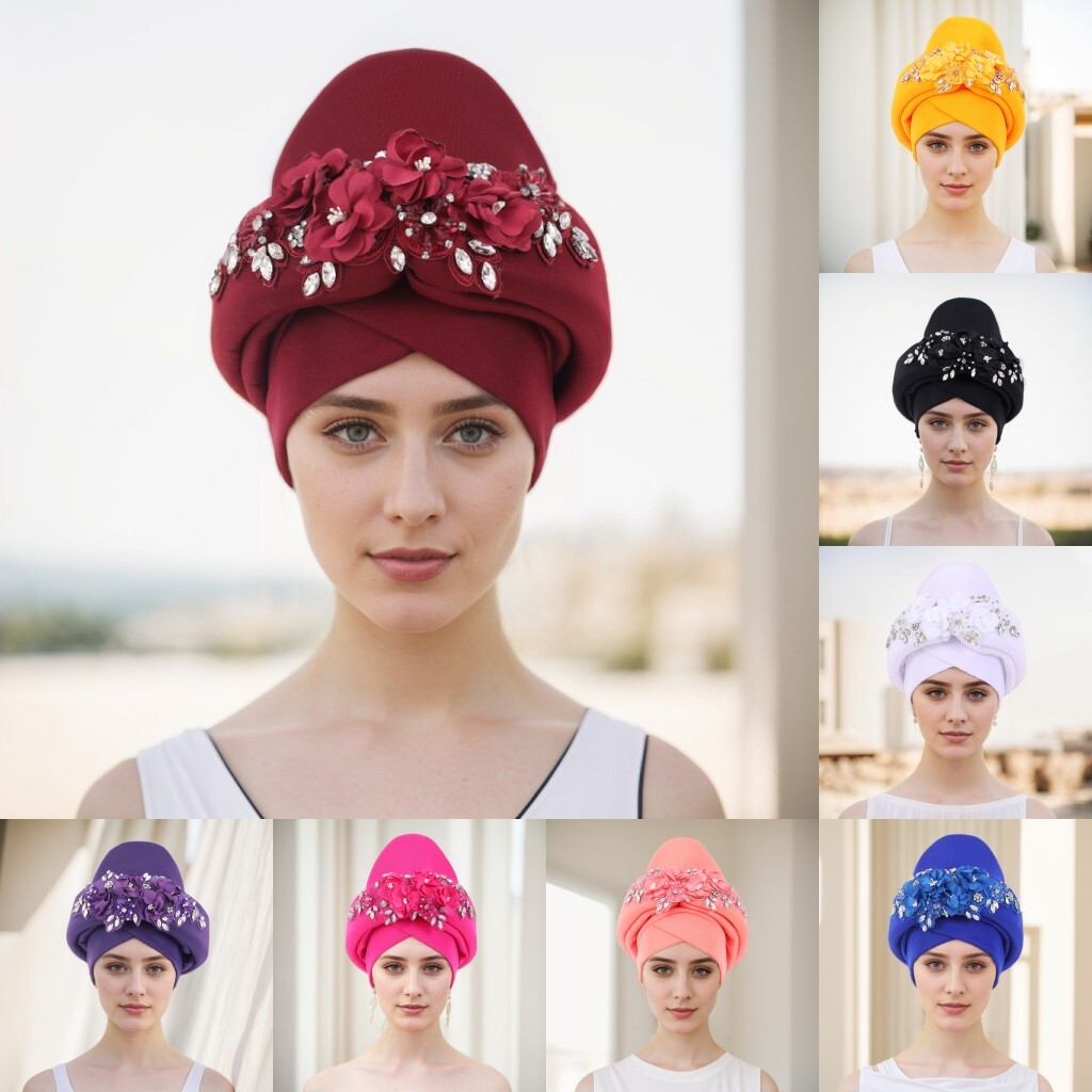 New Big Flower Turban Cap Muslim with Stones Beaded Hat  Female Wrap Headscarf