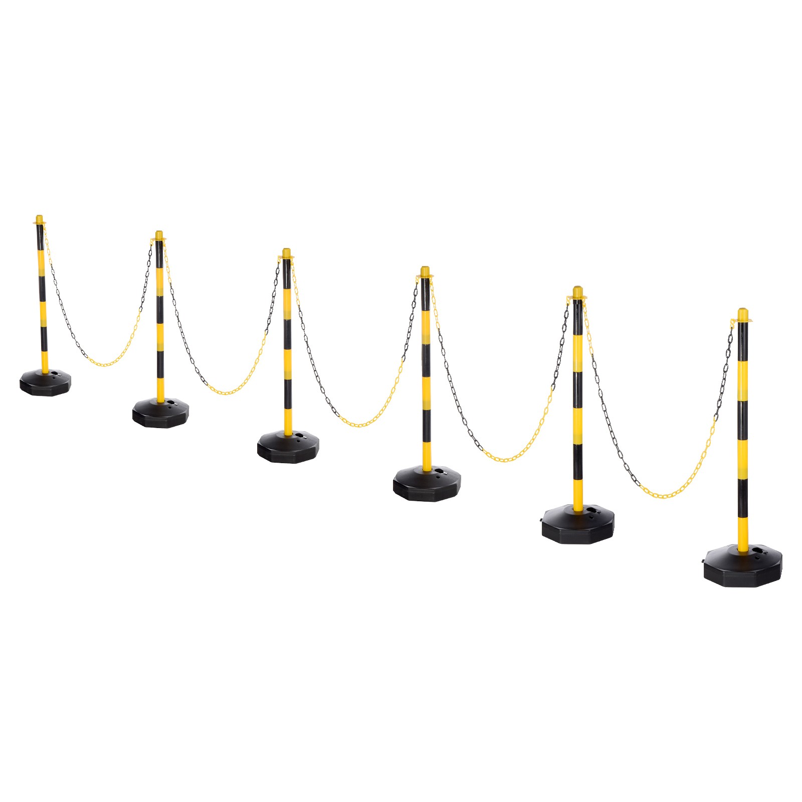 6Pcs Traffic Delineator Post Fillable Base 5ft Plastic Chain Black/Yellow