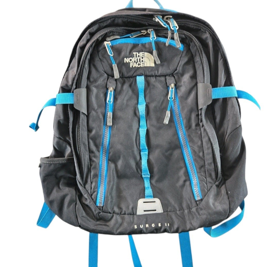 The North Face Surge II 27 Liter Backpack Black Blue Laptop Daypack Multi-Pocket
