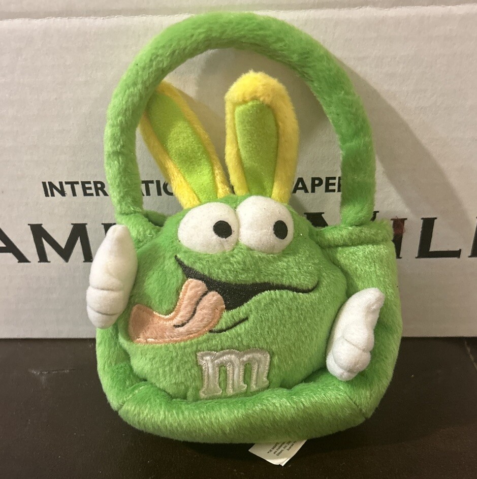 VTG 2004 Green M&M w/ Bunny Ears- Plush Mini Easter Basket  -  7" Sitting Height