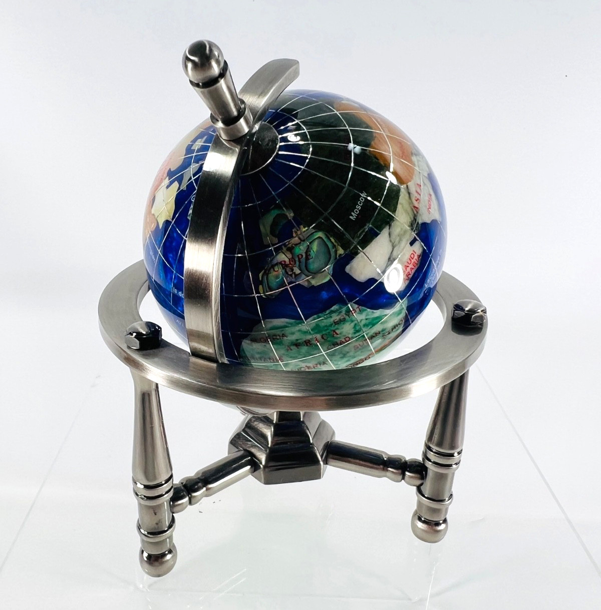 6" Mini black Gemstone World Globe with Silver Stand Tripod Office Desk Decor