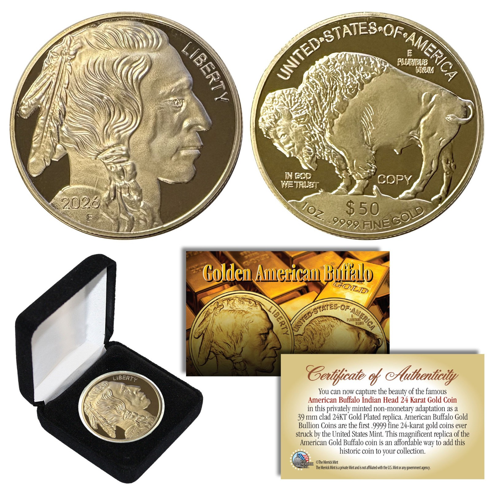 2026 24K Gold Plated $50 AMERICAN GOLD BUFFALO Indian Head TRIBUTE Coin with BOX