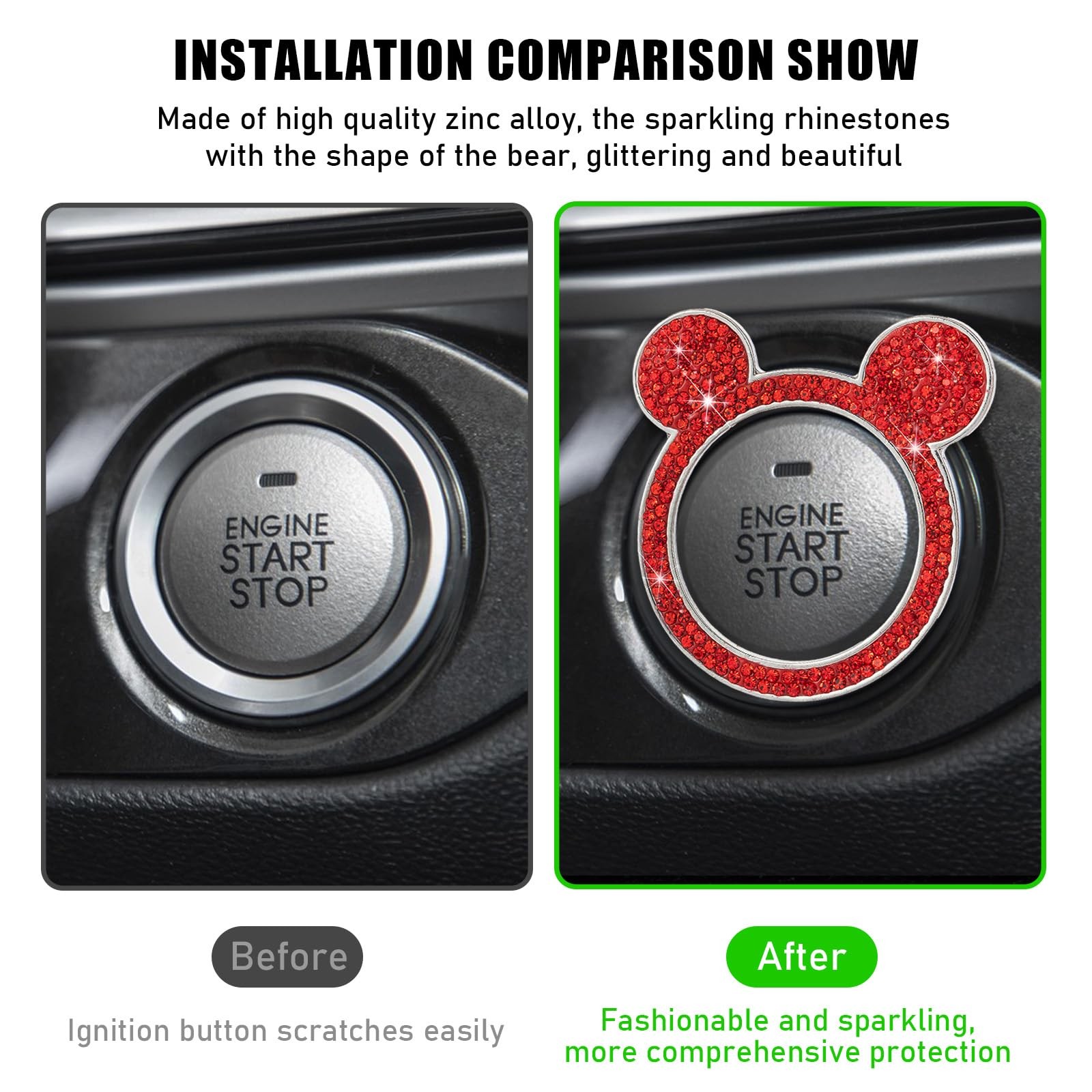 Augeny Bling Car Engine Start Button Cover, Rhinestone Key Ignition 1PC, Red