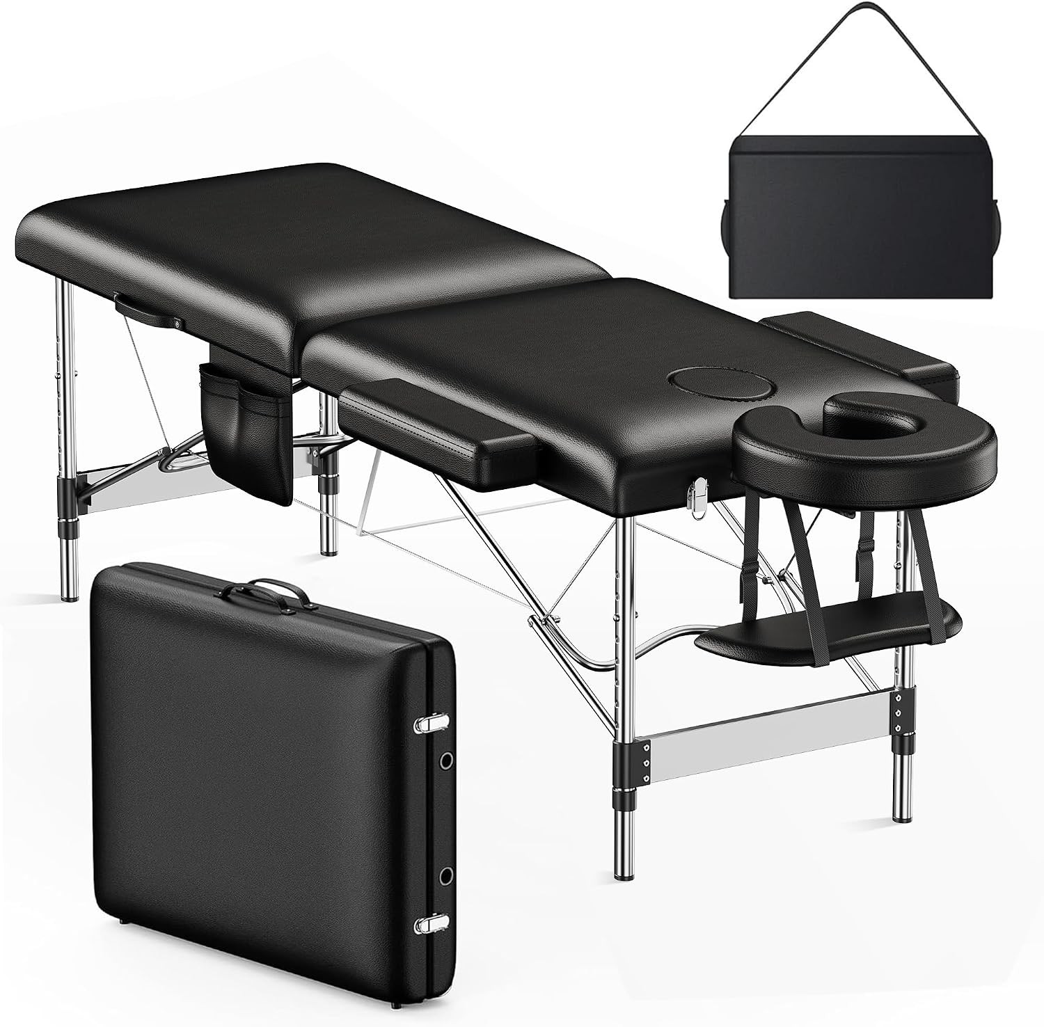 2-Fold Aluminum Adjustable Massage Table Portable 22.8" W Black Aluminum Frame