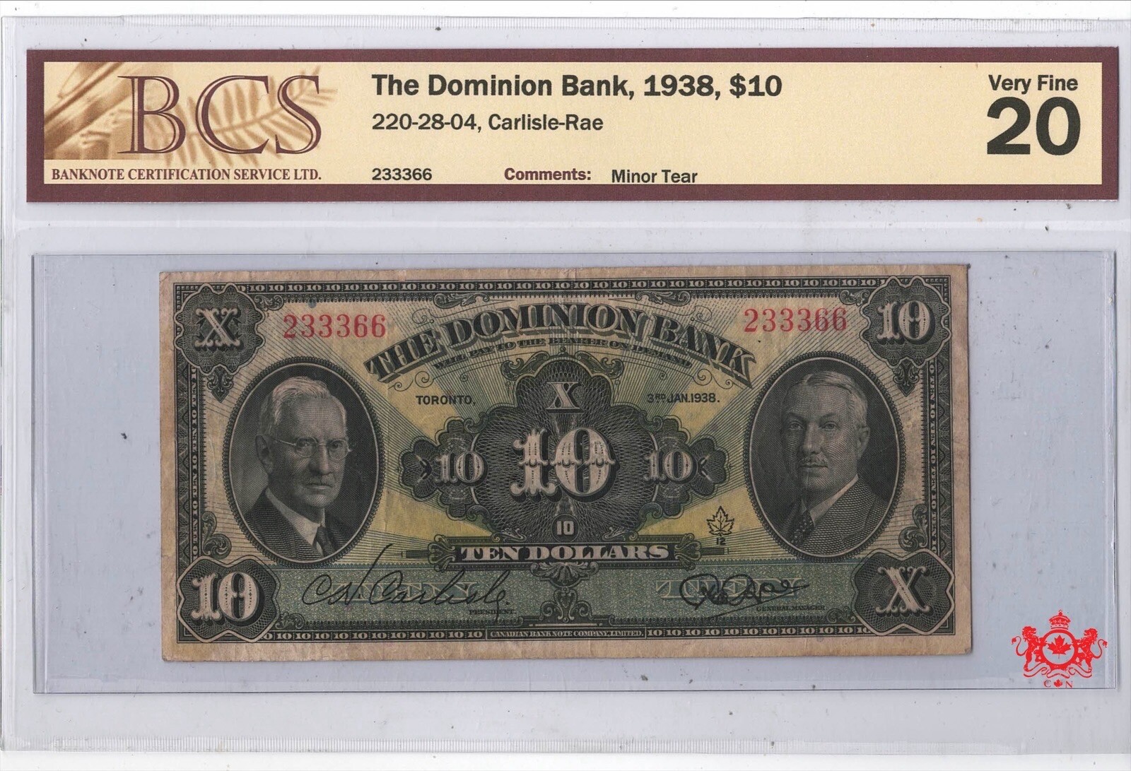 1938 The Dominion Bank 10$ 233366 - BCS VF20 -