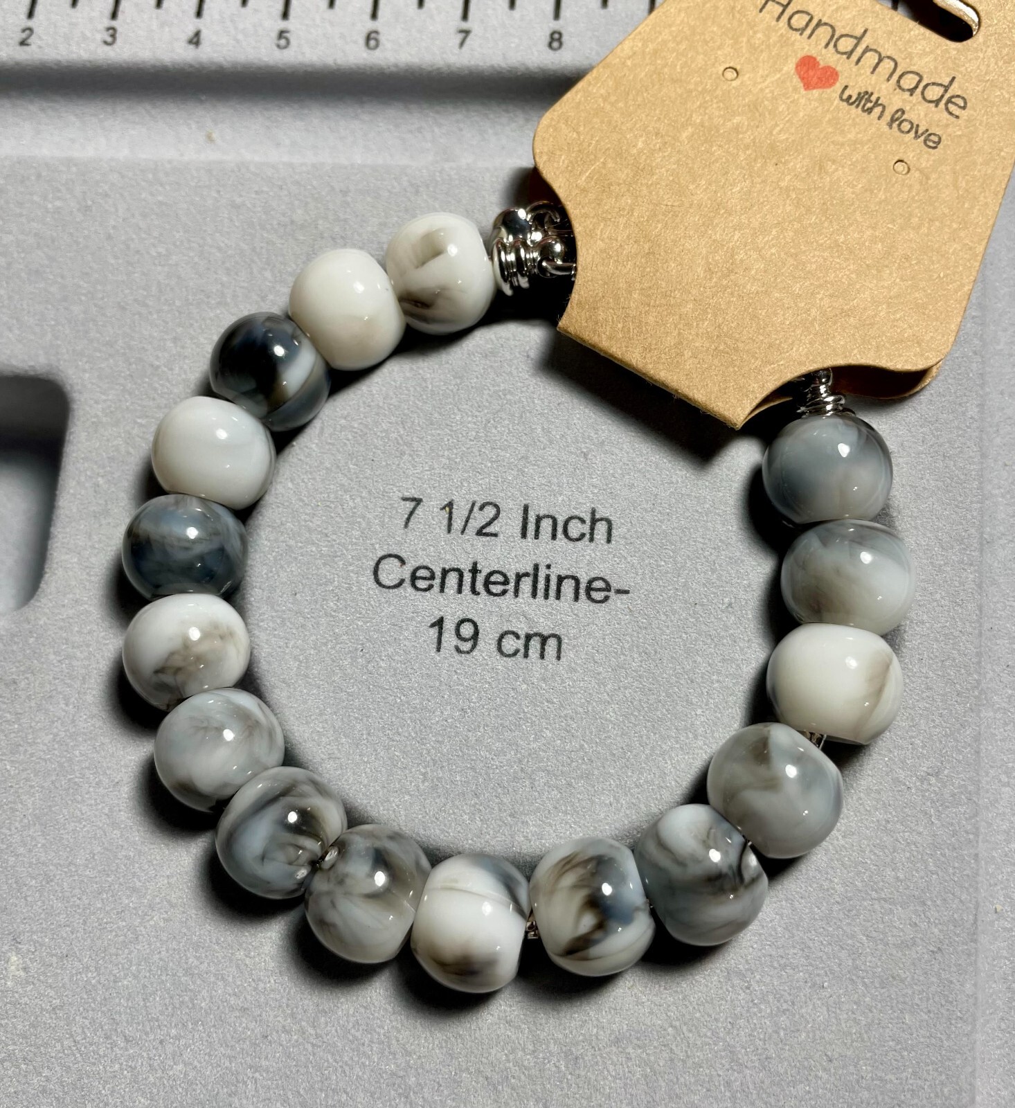 Classy Handcrafted Gemstone Gray Swirl Beaded Bracelet, Size 7.9" Adjustable