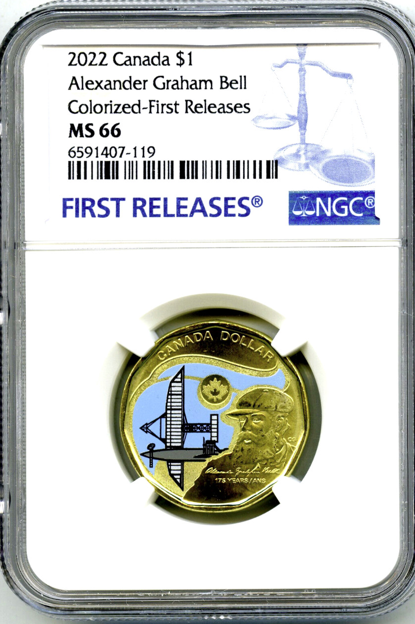 2022 $1 CANADA NGC MS66 ALEXANDER G BELL LOON LOONIE COLOUR DOLLAR Uncirculated