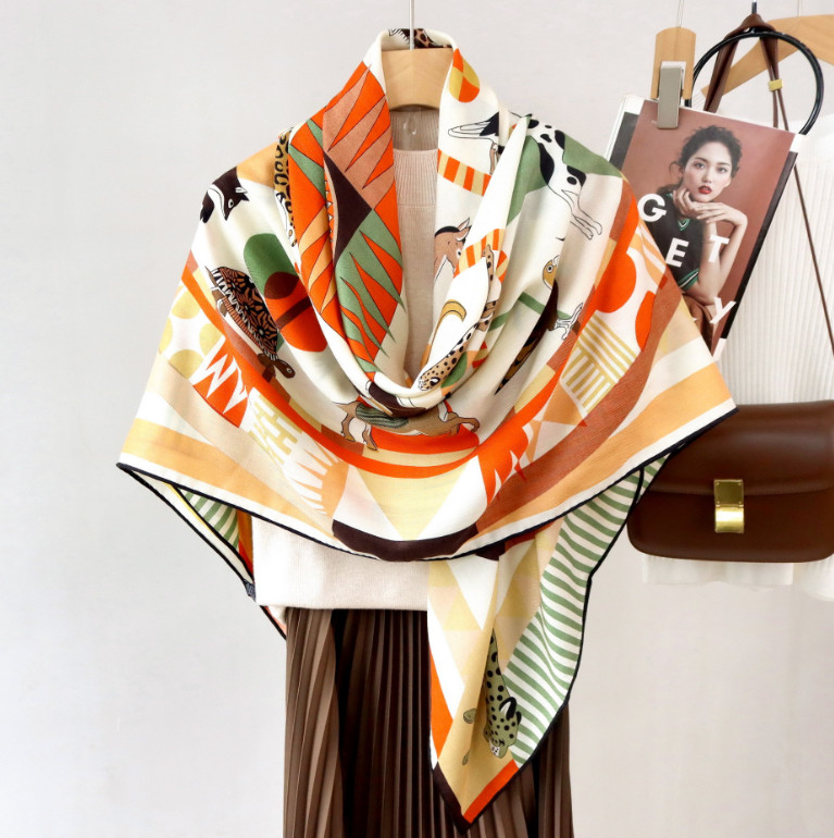 70% Cashmere 30% Silk Double Face Scarf Shawl Wrap 135X135cm Circle Horse Print