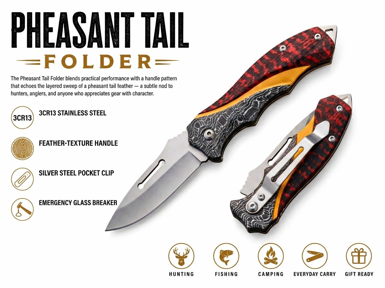 Pheasant Tail Folder Knife 3Cr13 Stainless Steel | Feather‑Pattern Handle
