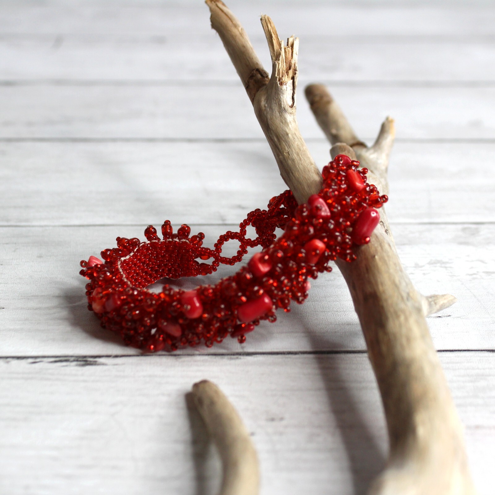 Handcrafted Women's Beaded Bracelet Artisan Jewelry Red Beads Stones