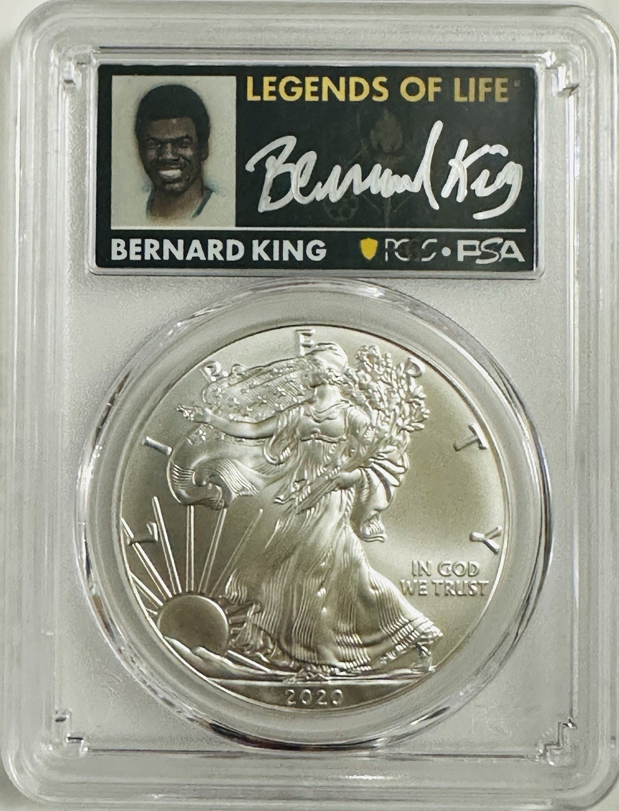 2020 $1 Silver Eagle PCGS MS70 FS Legends of Life Bernard King # OA 130