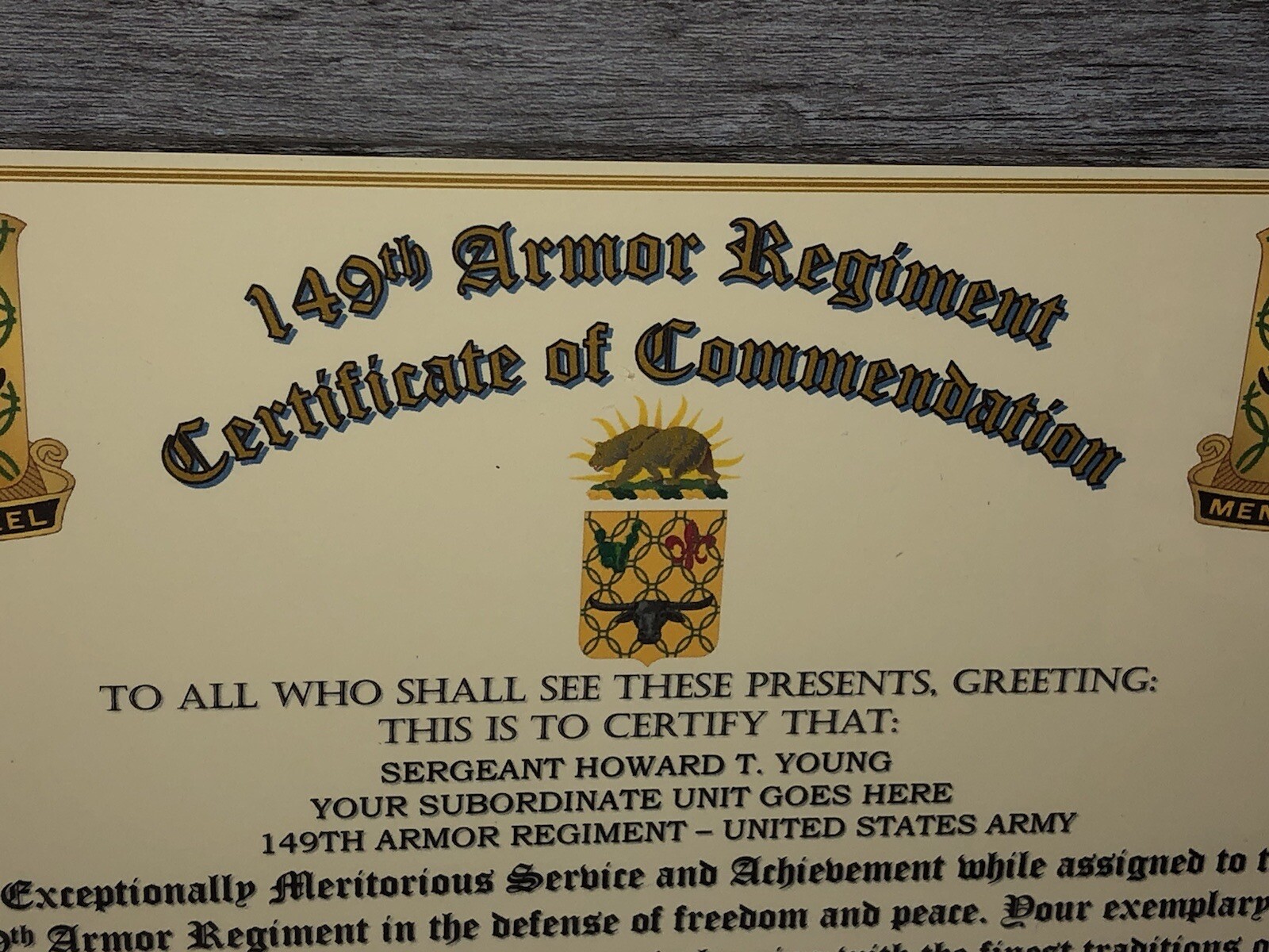 149TH ARMORED REGIMENT / COMMEMORATIVE - CERTIFICATE OF COMMENDATION