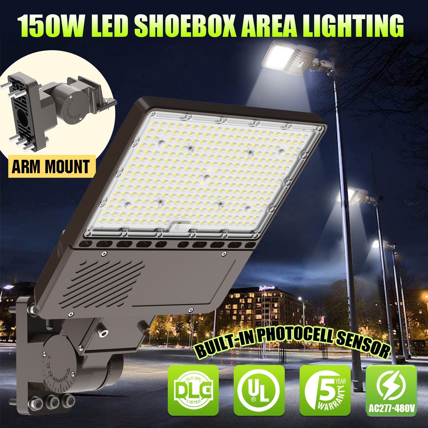 150W 22500LM 277-480V LED Parking Lot Stadium Shoebox Lights with Dusk to Dawn