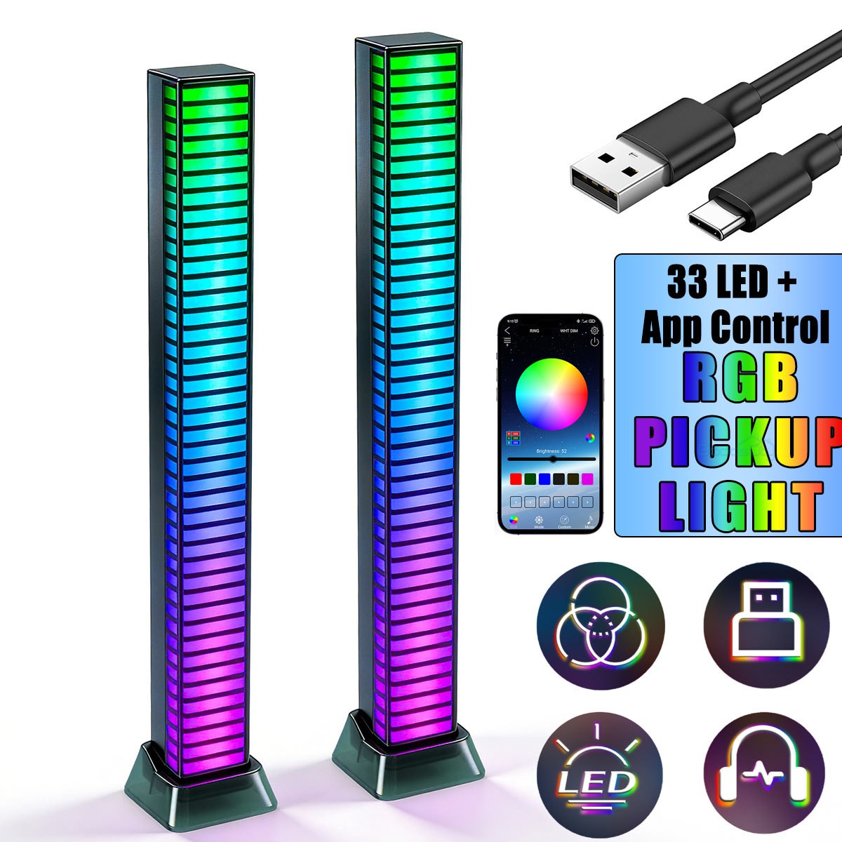 Barra de luz recargable con 33 LED, música 4D, sonido y luz con control mediante