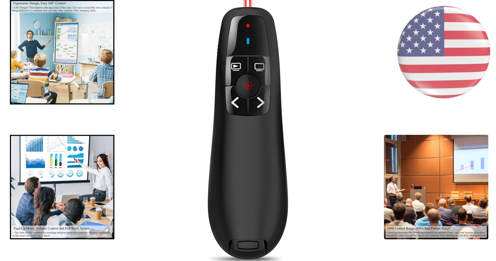 Wireless Presentation Clicker: 100ft Range & 656ft Red Pointer for Professionals