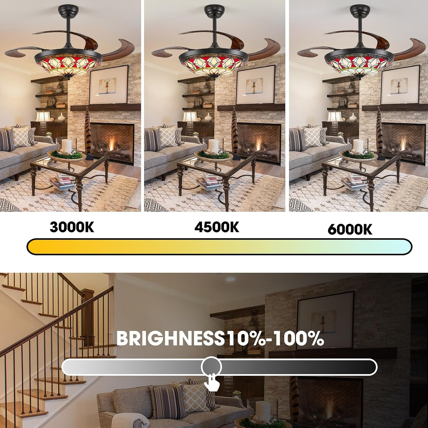 Ceiling Fan with Light - 48" Retractable Ceiling Fan with Remote, 4 Hidden Blade