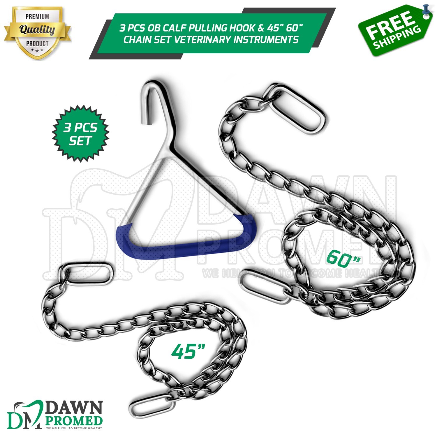 3 Pcs OB Calf Pulling Hook & 45" 60" Chain Set Veterinary Instruments