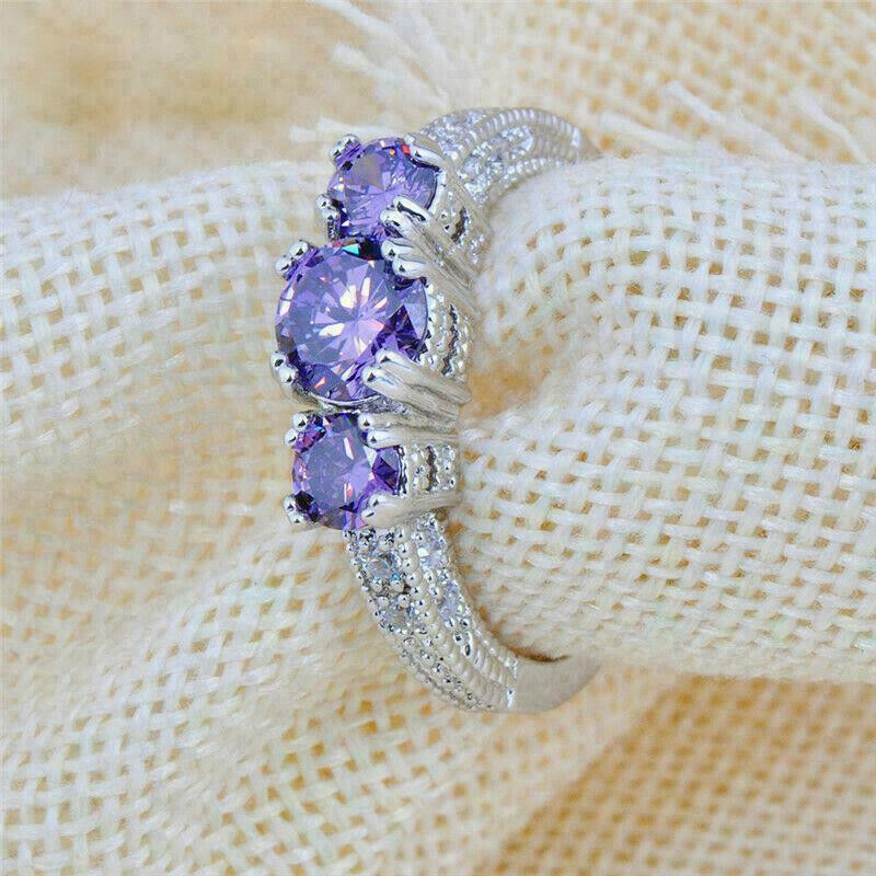 2.60Ct Round Cut Amethyst Three Stone Engagement Ring 14K White Gold Finish