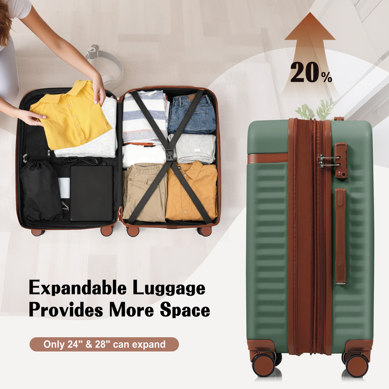 3Pcs 20" 24" 28" ABS Hardside Luggage Set w/ USB Port TSA Lock Expandable Green