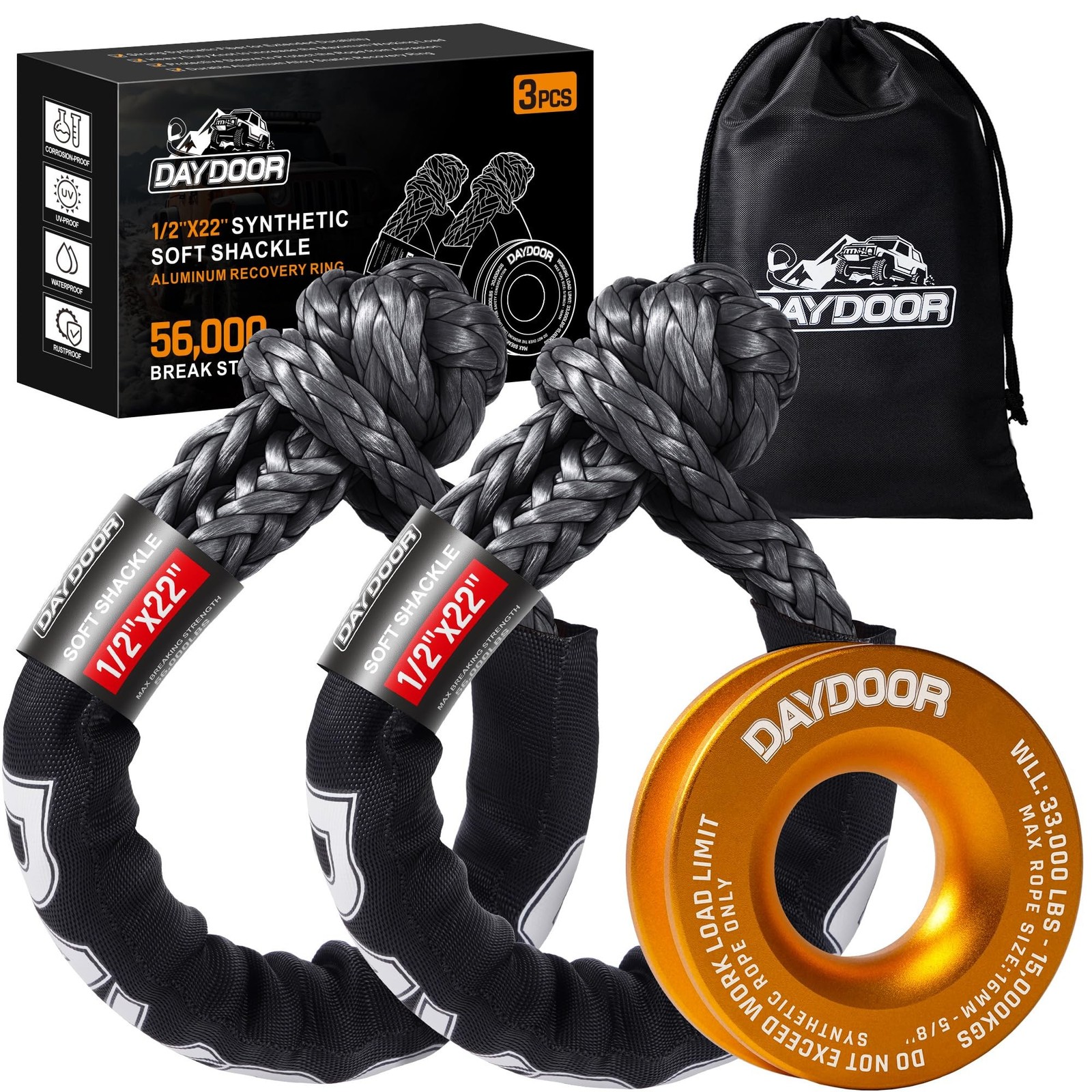 DAYDOOR 56,000 LBS Soft Shackle Recovery Kit, 1/2" x 22" (2-Pack) with 7075 A...