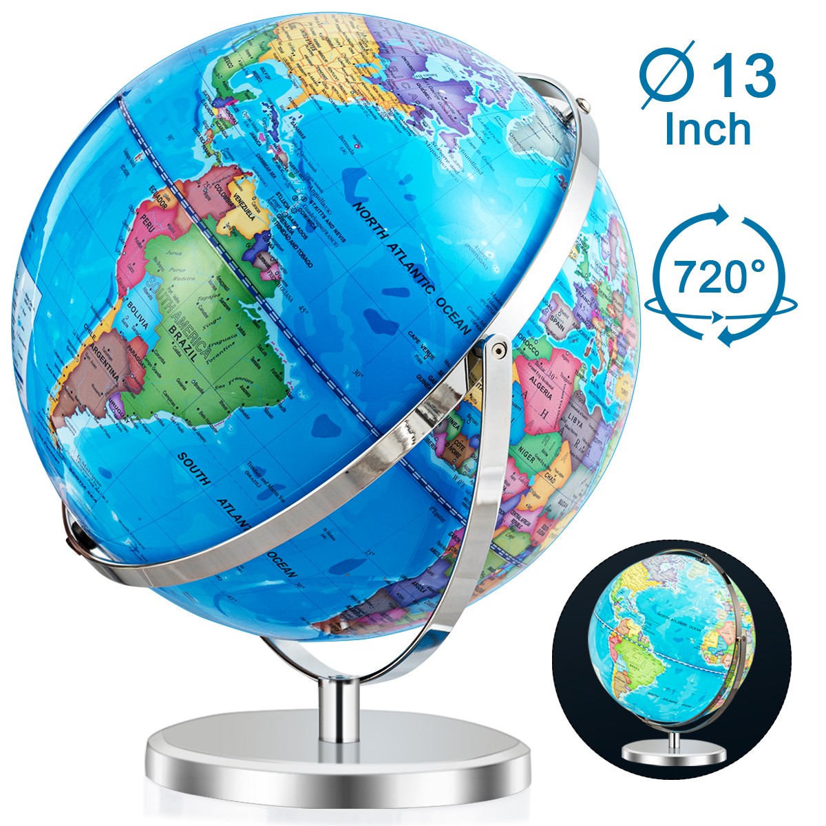 13" World Globe 720° Rotating Illuminated Education Globe w/ Lighted Map
