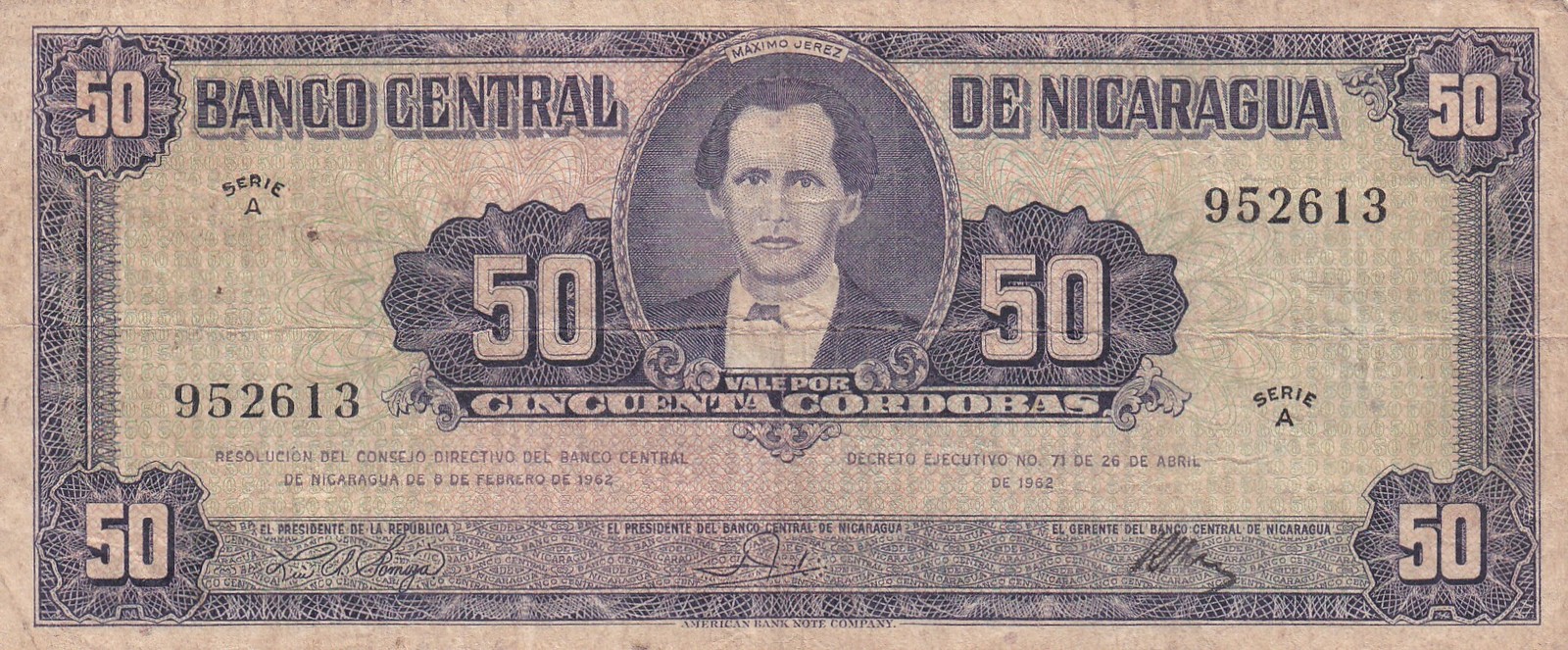 BANK OF NICARAGUA 50 CORDOBAS 1962 VG p-119