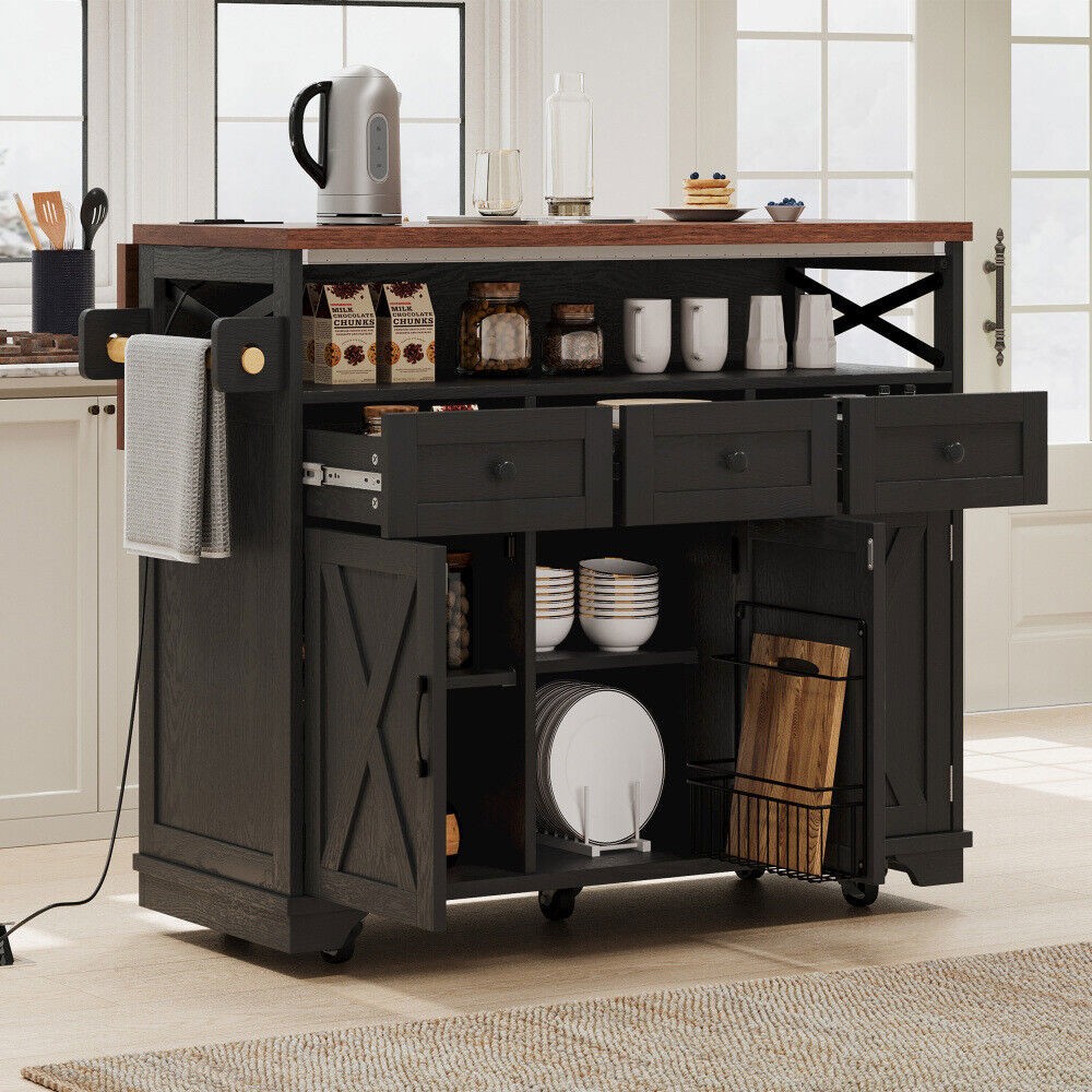 Farmhouse Kitchen Island Rolling Kitchen Cart on Wheels with Drop Leaf,3 Drawers
