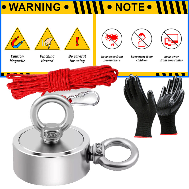 2000 LBS Strong Fishing Magnet Kit Double-Sided Pull Force and Rope Carabiner US