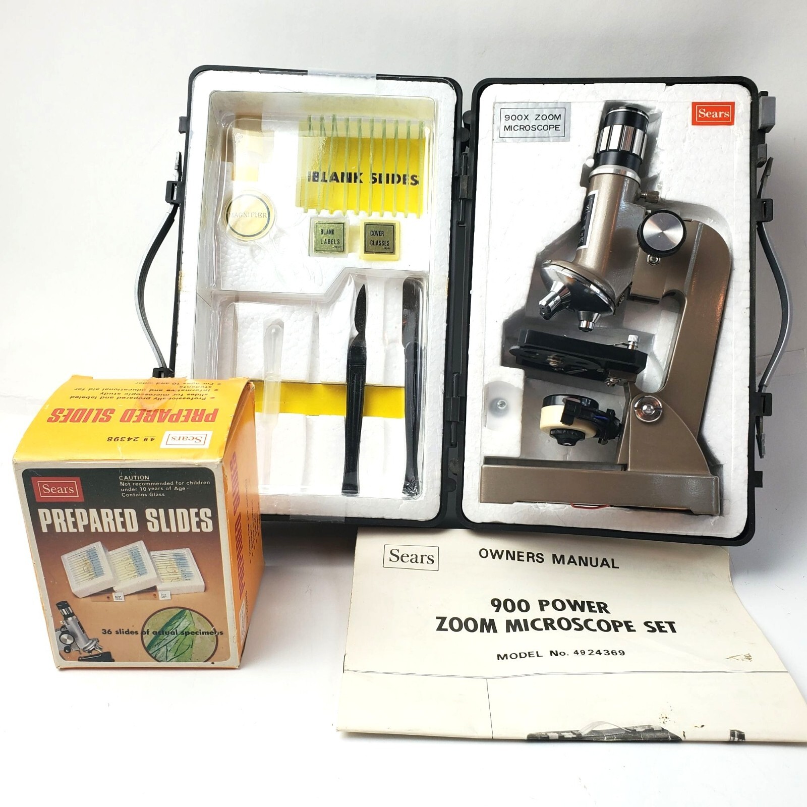 Vtg Sears 900 Power Zoom Microscope Set W/ Manual & Box of 36 Slides STEM