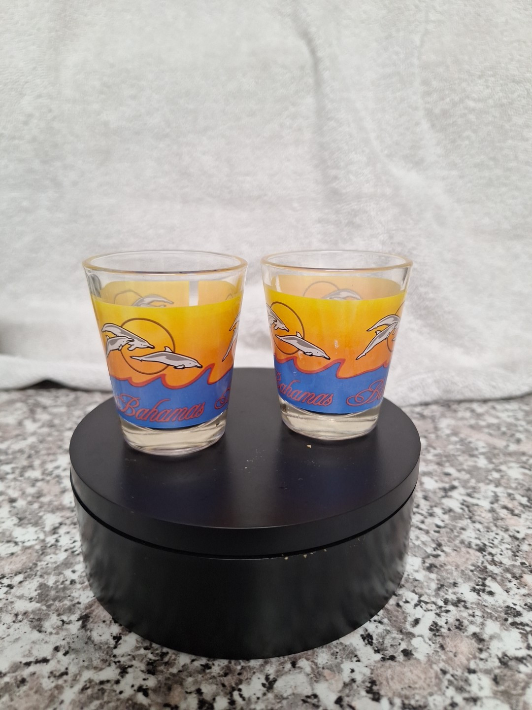 (2) Bahamas Shot Glasses Wih Dolphins And Waves