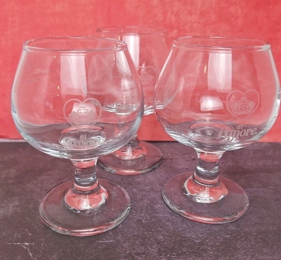 Di Amore Stemmed Cordial Whiskey Brandy Glass Logo 4" tall Set of 3 Barware