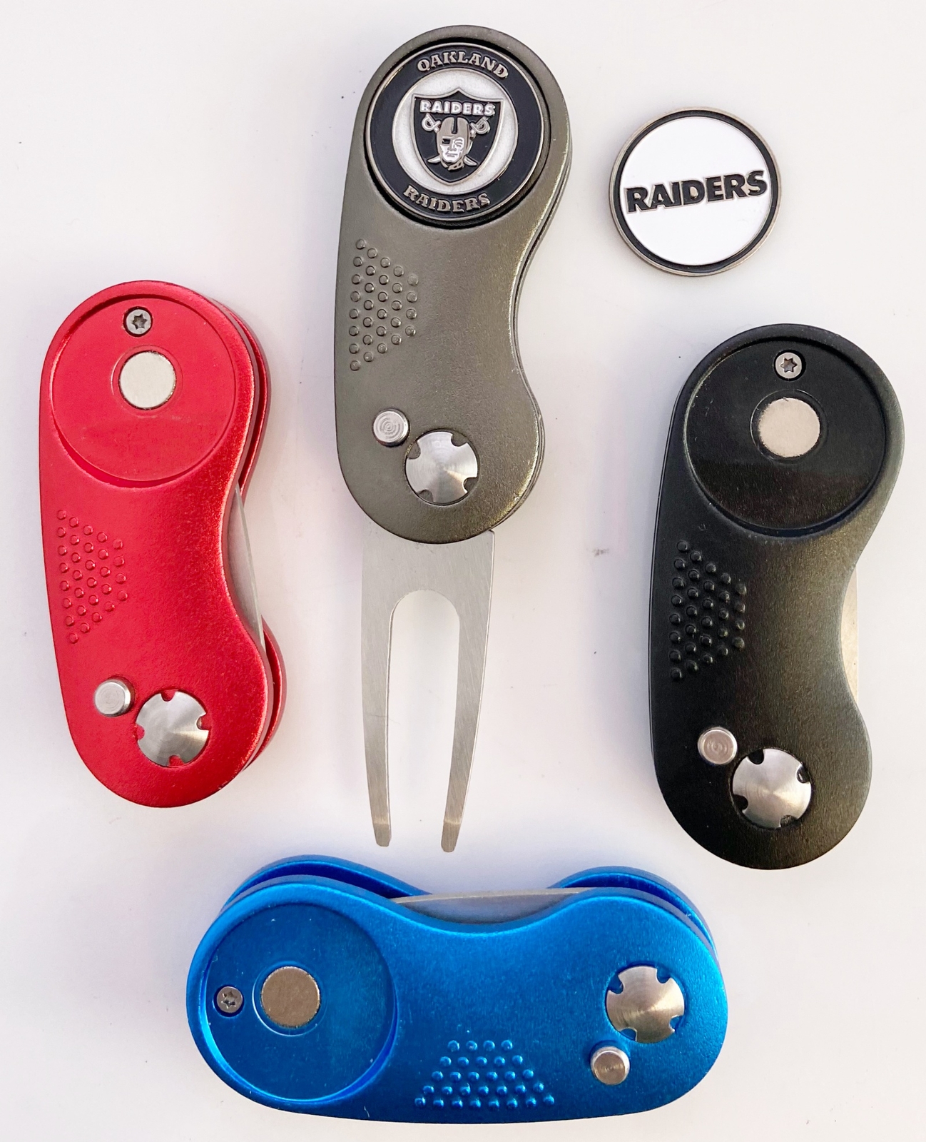 NFL 2 Prong Switchblade GOLF DIVOT REPAIR TOOL Blue + Ballmark OAKLAND RAIDERS