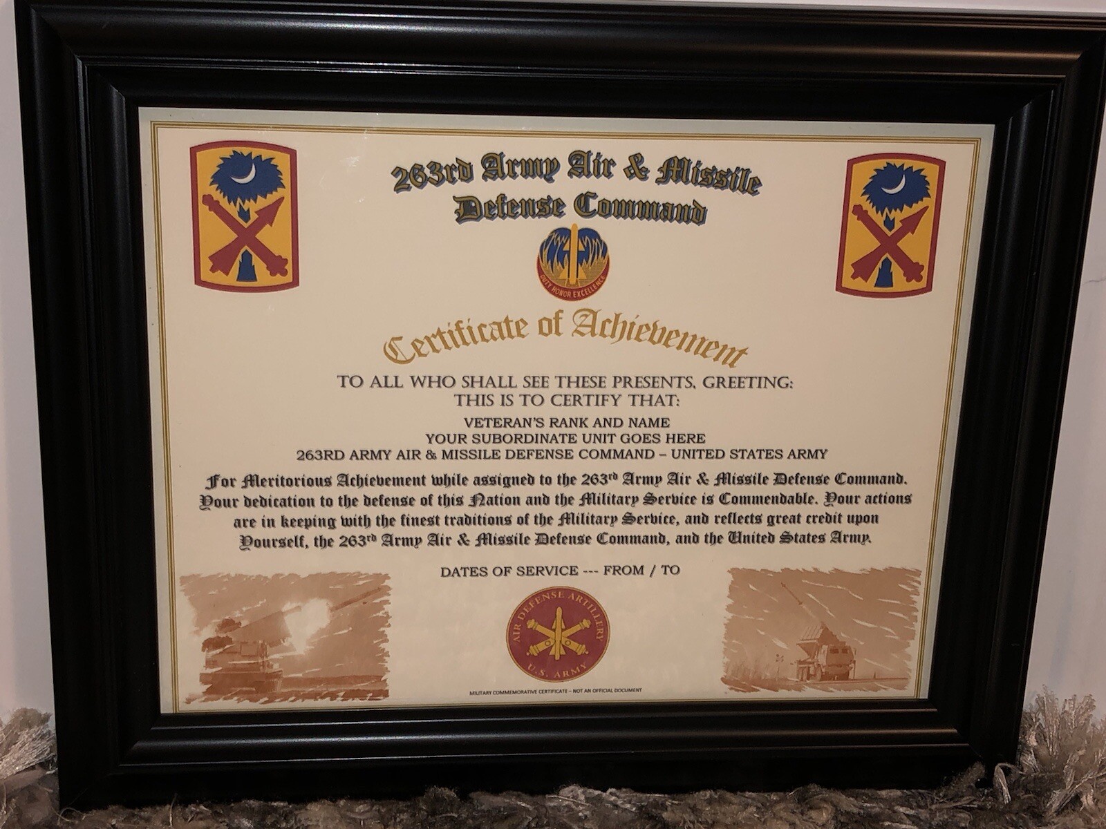 263RD ARMY AIR & MISSILE DEFENSE COMMAND / BDE COA / (COMMEMORATIVE CERTIFICATE)