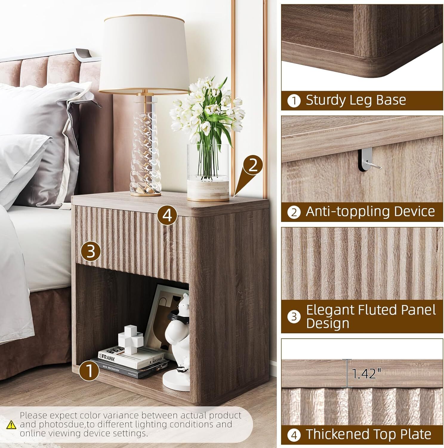 Fluted Nightstand Set of 2, Farmhouse Nightstand End Side Table for Living Room
