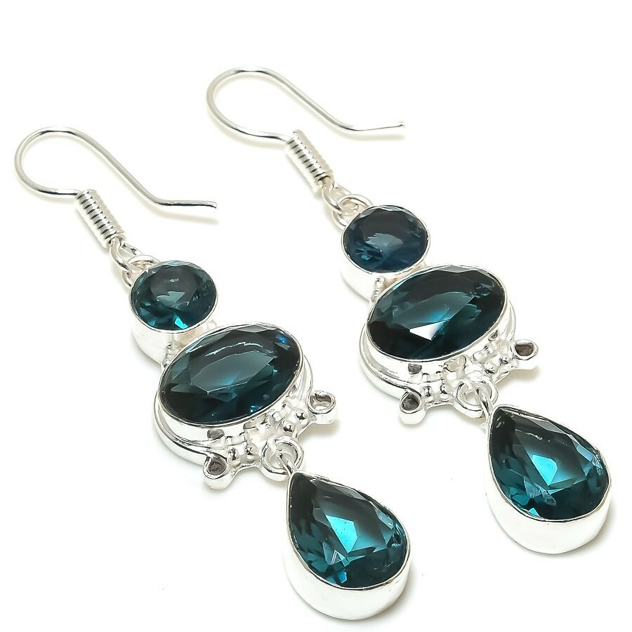London Blue Topaz Gemstone Handmade 925 Sterling Silver Jewelry Earring Sz 2.4''