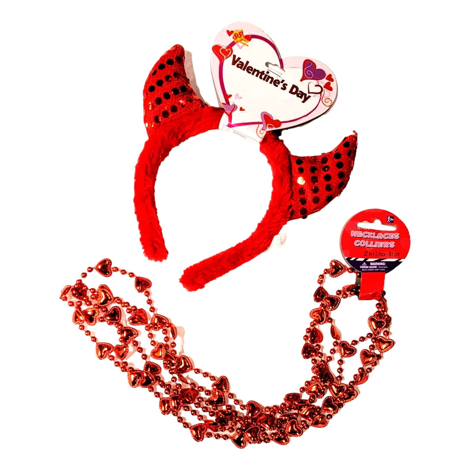 Valentine's Day 4 Piece Heart Bead Necklace and Love Horns Costume Accessory