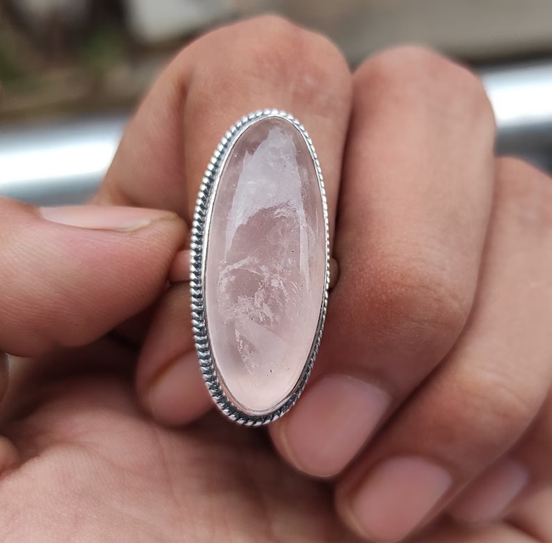 Rose Quartz Ring 925 Sterling Silver Band& Statement  Handmade Ring All Size