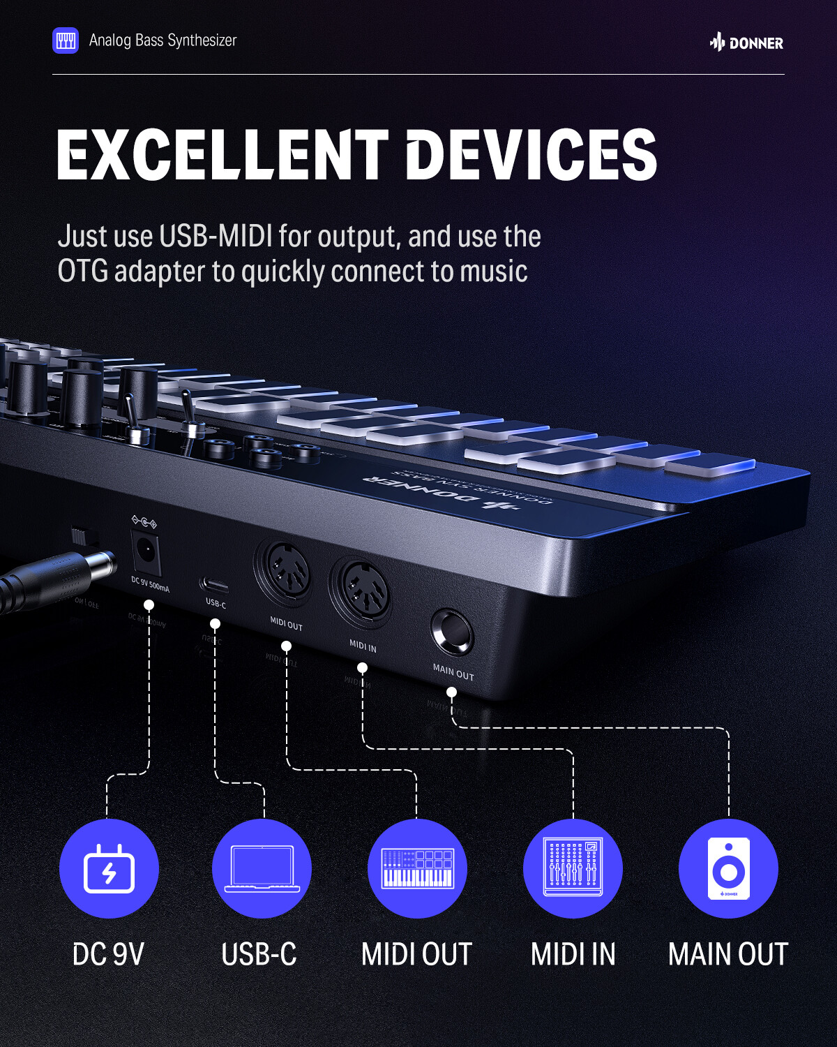 Analog Bass Synthesizer Sequencer, Donner Essential B1 with Intuitive Interface