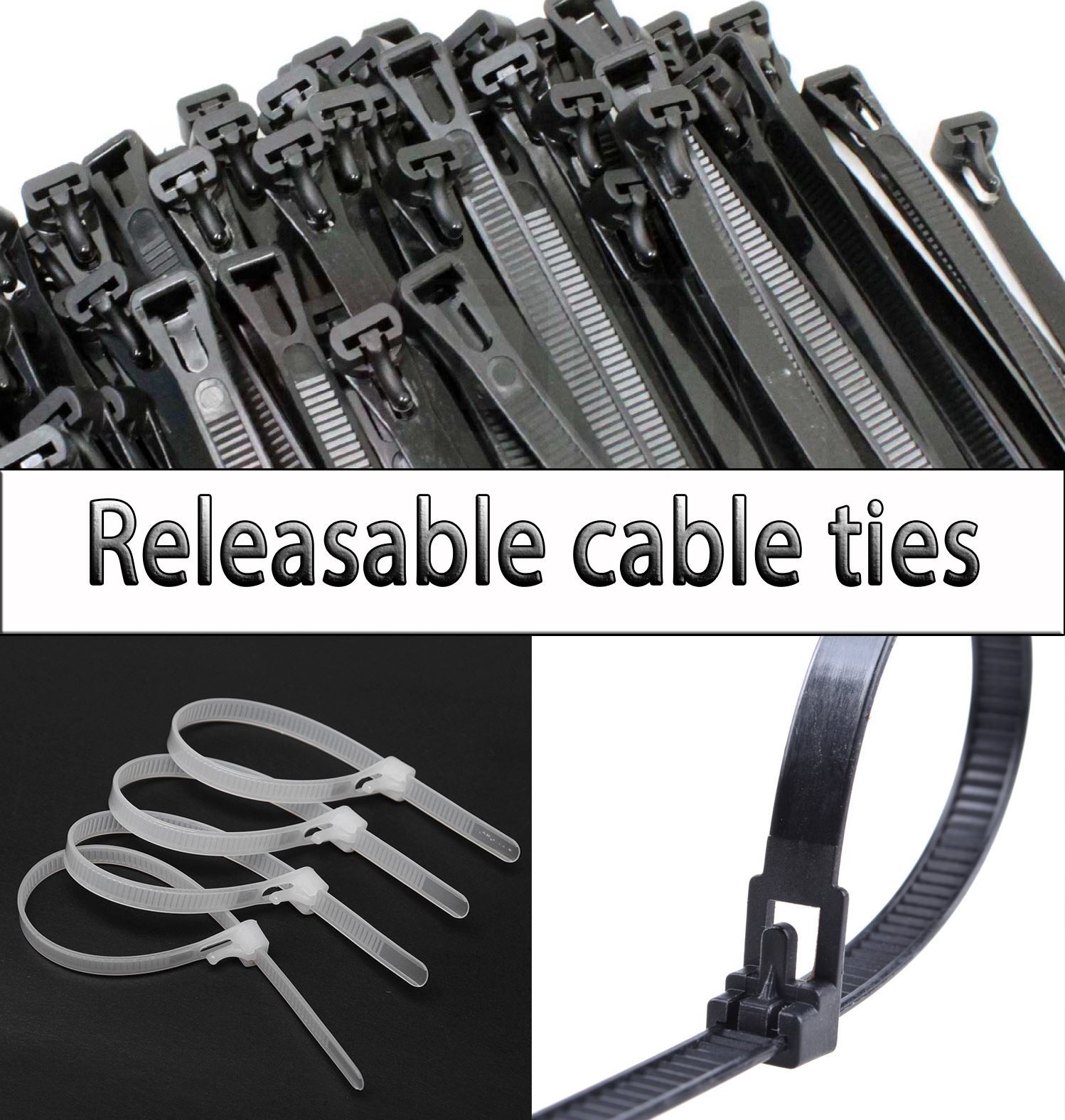 Black White Green Detachable Reusable Tie Wrap, Cable Tidy, Zip Straps