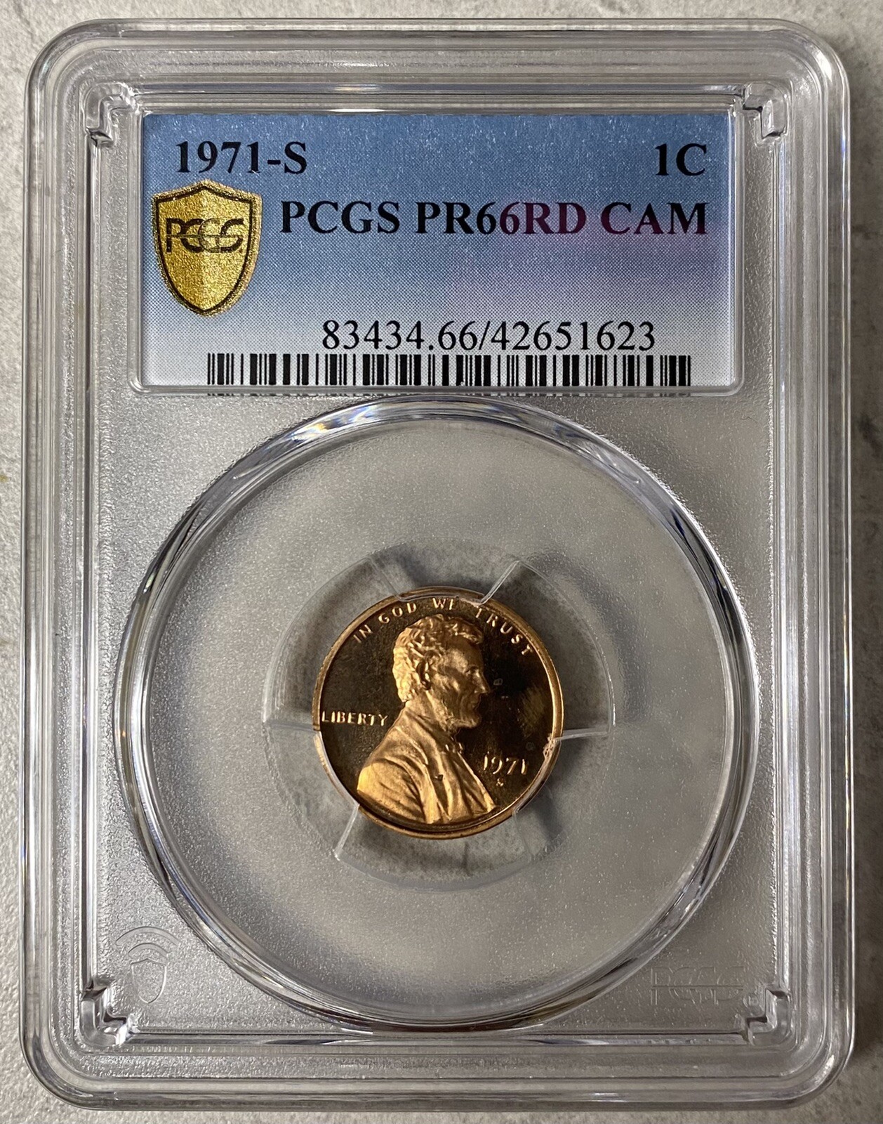1971 S 1C Proof Lincoln Cent, PCGS PR66RD Cameo, Gold Shield