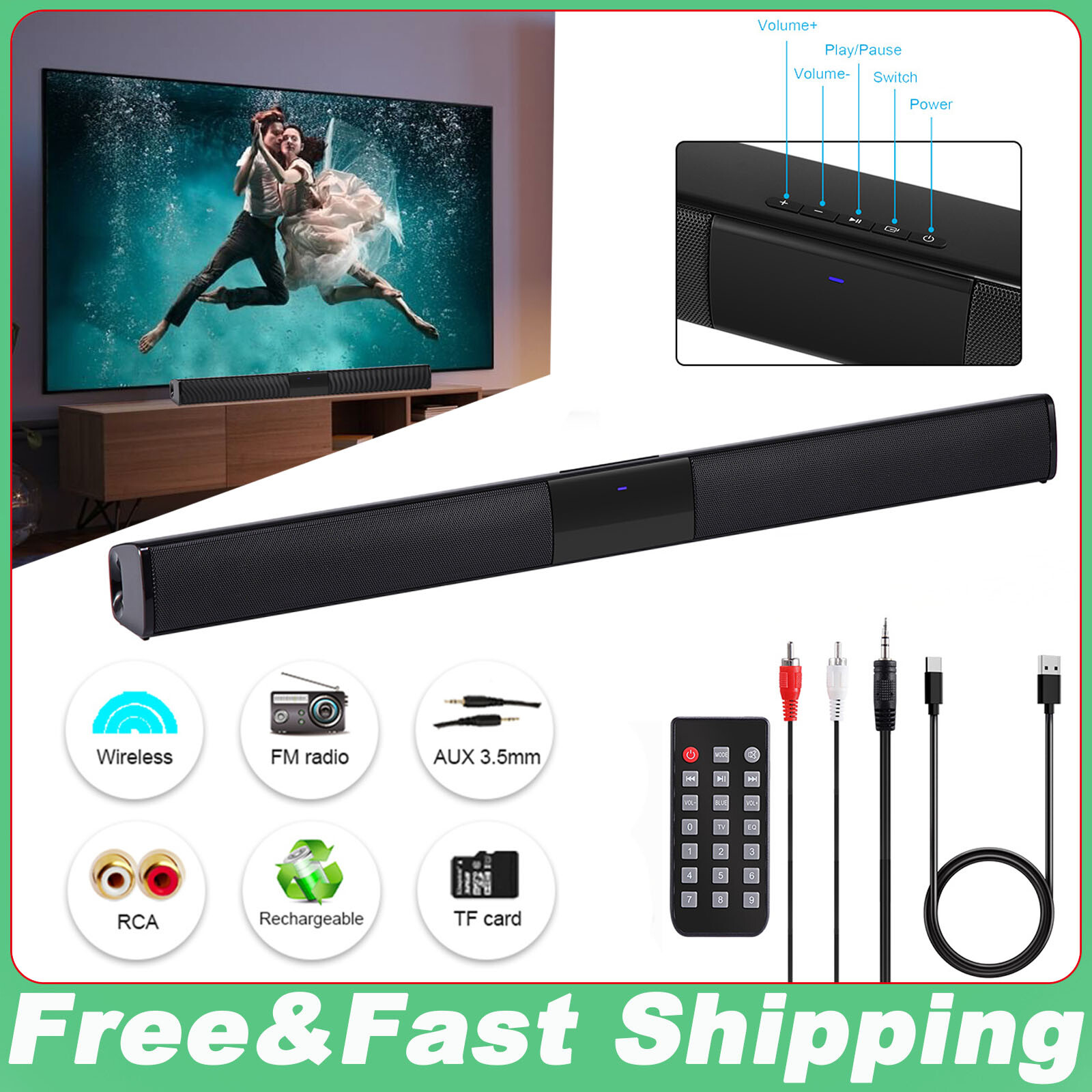 20W Bluetooth 5.0 soundbar for TV home theater 3D surround subwoofer Speaker
