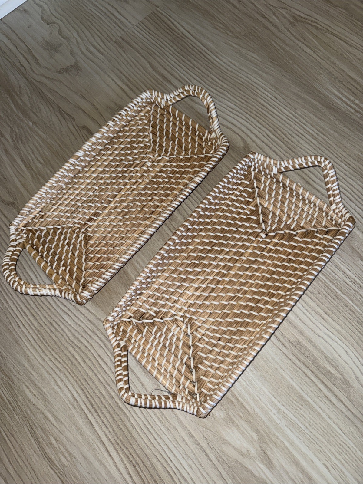 Set Of 2 Natural Seagrass Hand Woven White Cording Basket/Tray 14"L X 8"Wx1.5"D