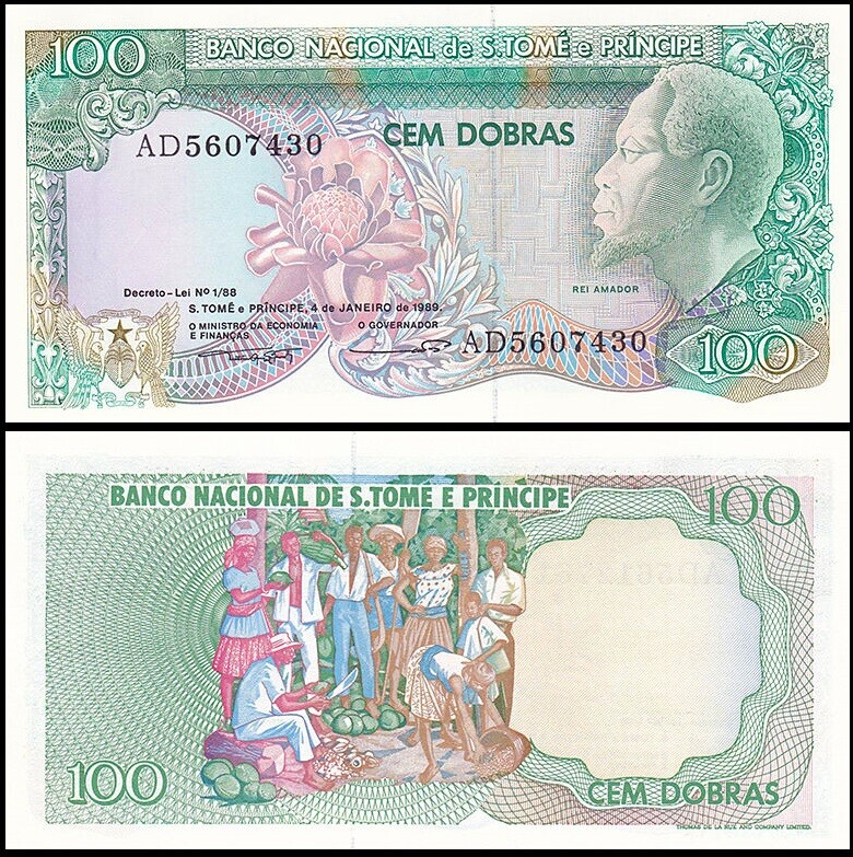 SAO TOME E PRINCIPE 100 DOBRAS 1989 UNC REI AMADOR AT RIGHT,SCENE OF GROUP OF PE