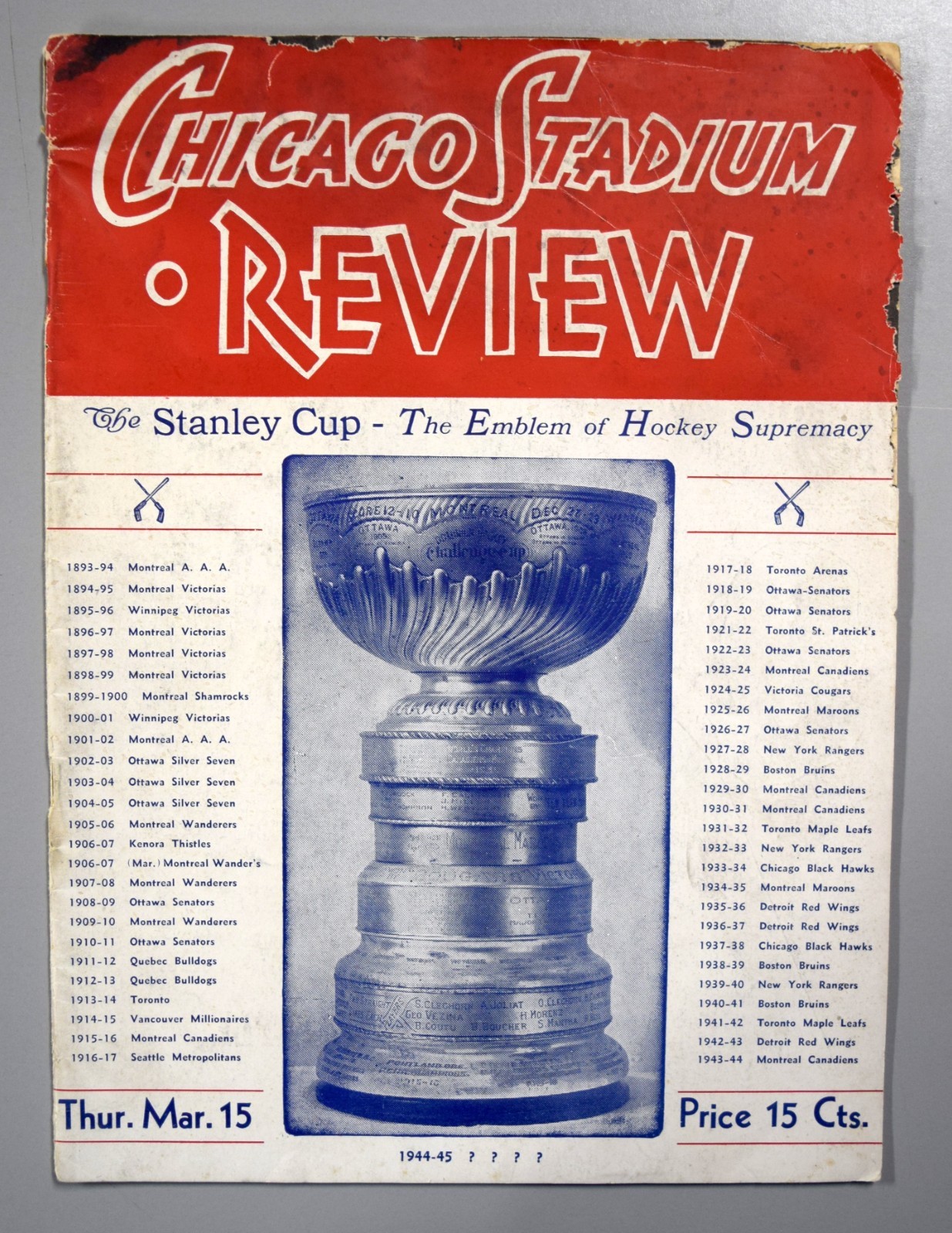 Chicago Blackhawks vs Boston Bruins March 15th 1945 Official Game Program