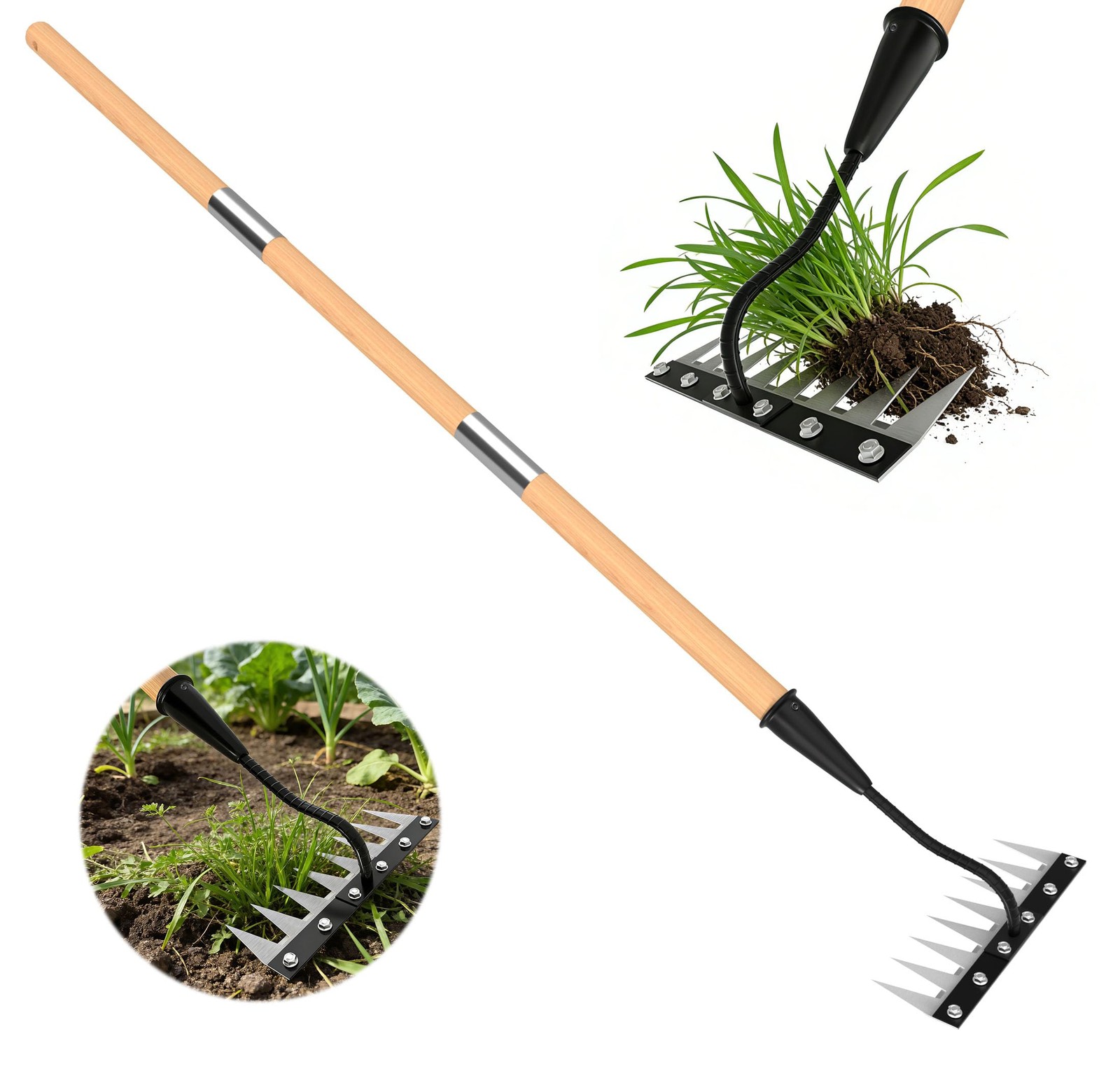 ATLRGISL Iron Weeding Rake with Wooden Long Handle 2.0, 8 56Inch, Wood Color