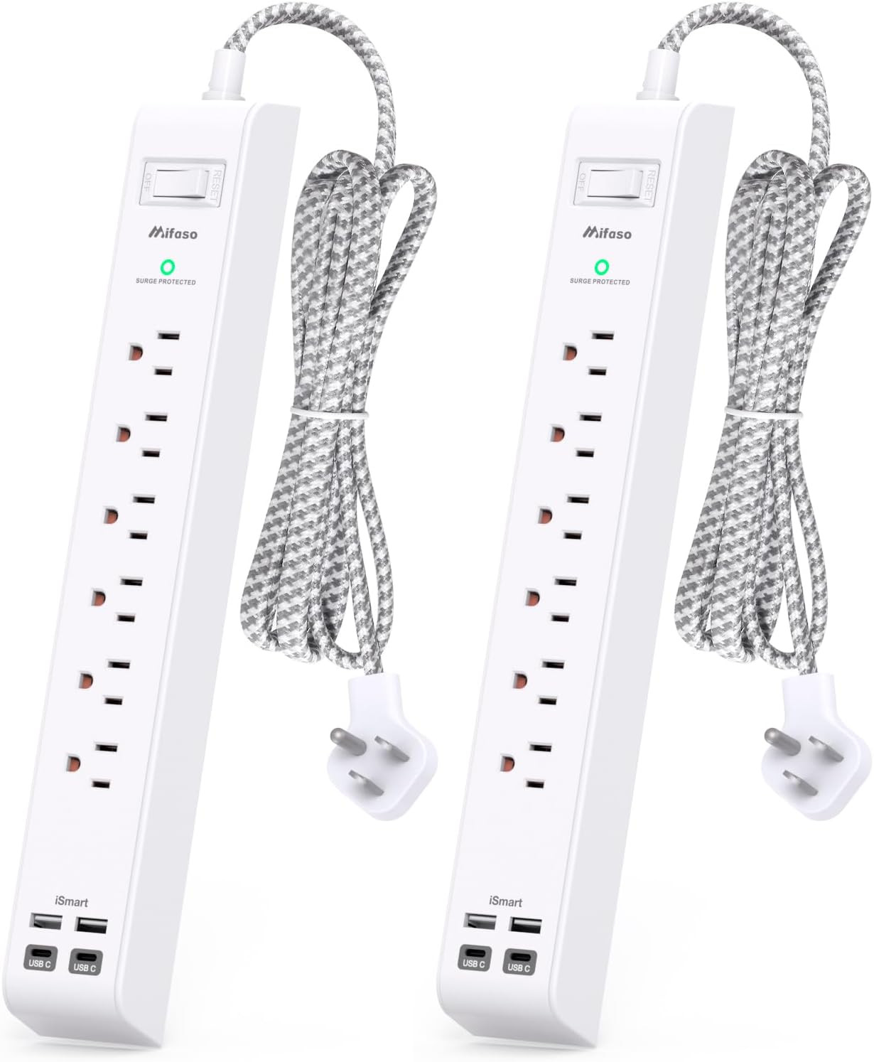 2 Pack Power Strip Surge Protector - 6 Outlets 4 USB Charging Ports, 5Ft Braided