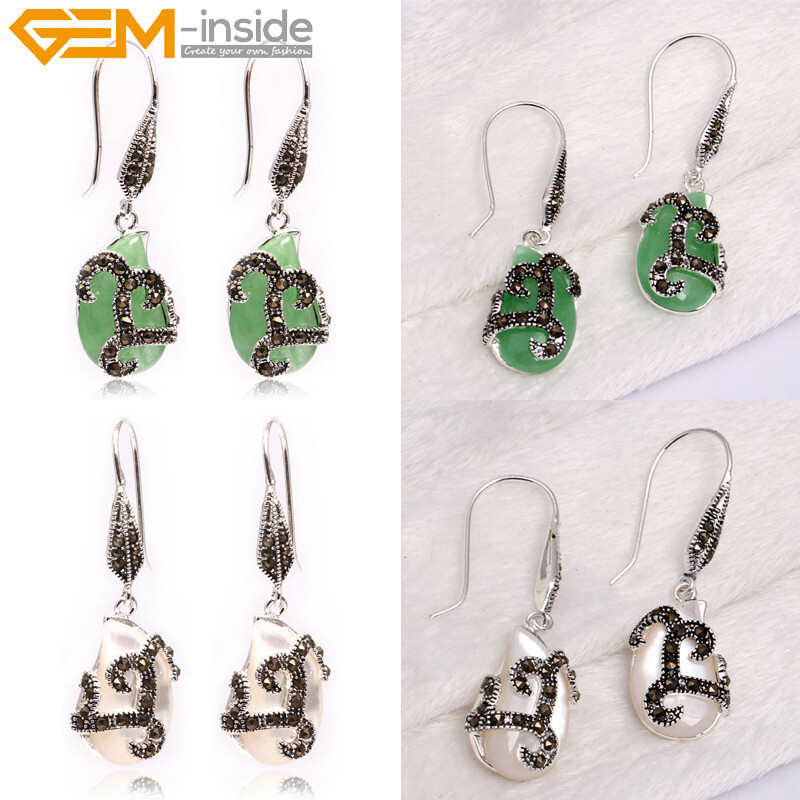 Marcasite & Gemstone Dangle Earrings - 925 Silver Hook, Assorted Natural Stone